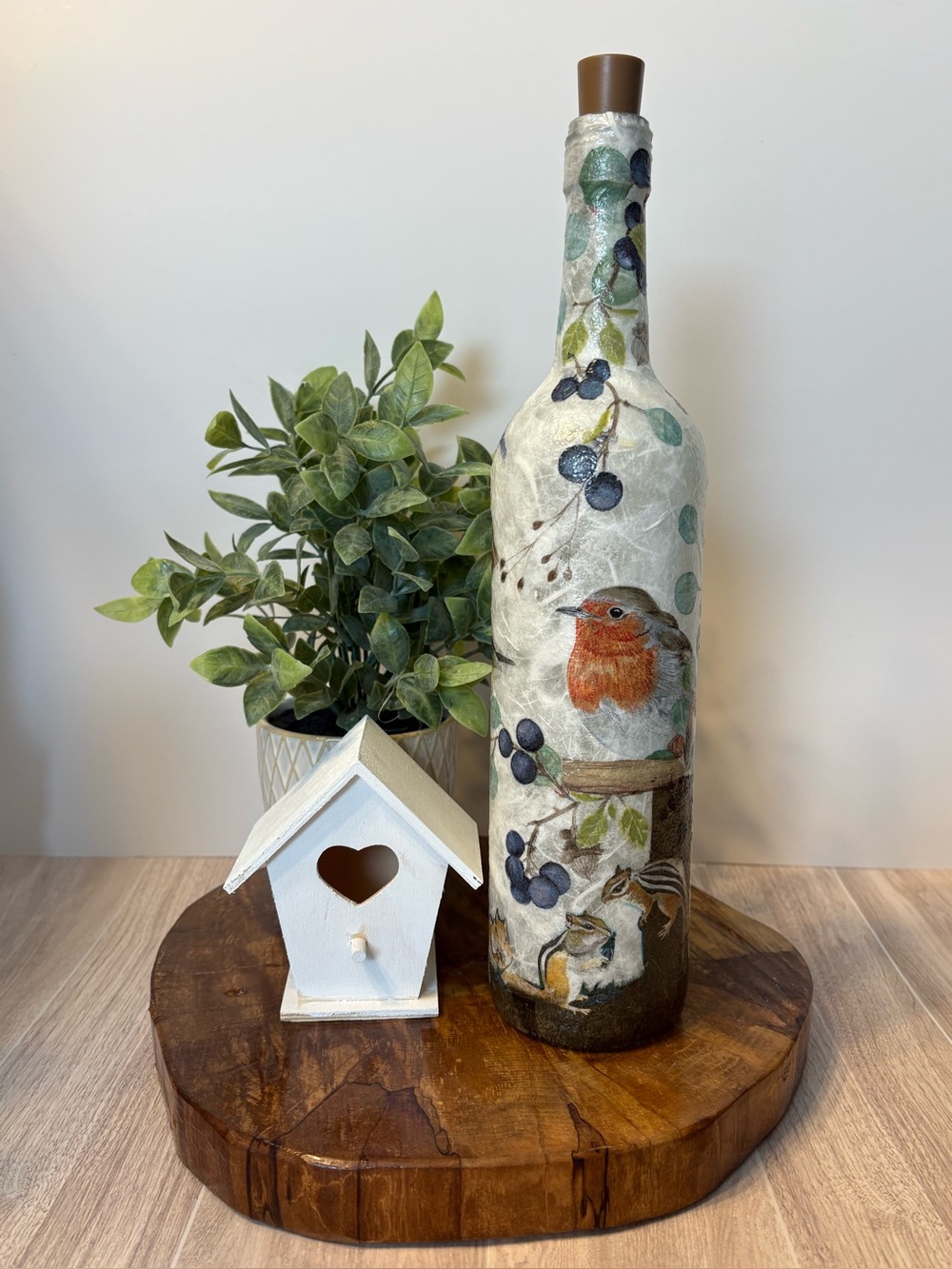 Decorated Bottles, Birds and Chipmunks, Decoupaged Bottle, Home Decor, Gift